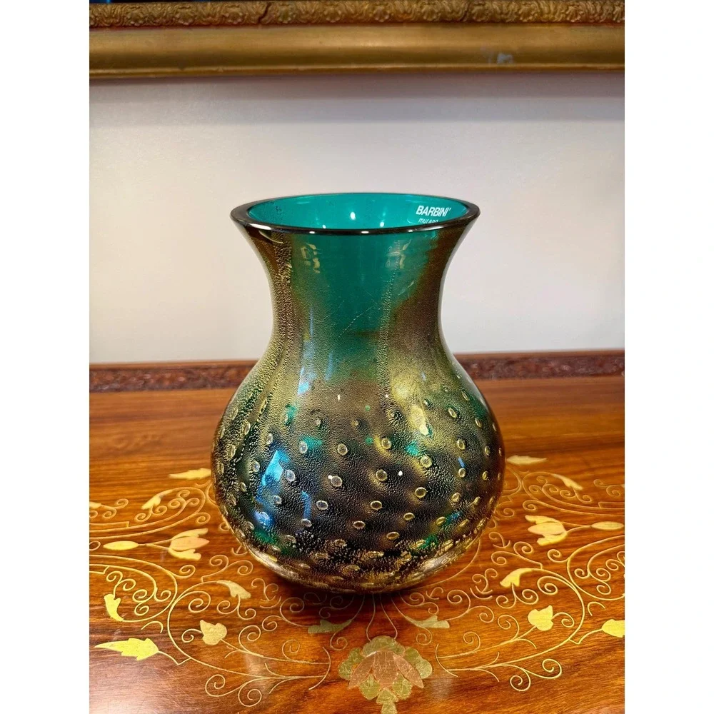 Signed Barbini Murano Art Glass Vase Emerald Green Gold Aventurine Bullicante 7
